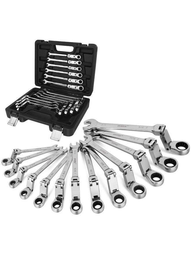 DISEN Ratchet Wrenches Set 13pcs, Double Jointed Flex Head Ratcheting Wrench Set, SAE 1/4'' -3/4'', Open End Long Combination Wrench Set, 72-Teeth, Cr-V Steel, with Heavy Duty Case - Image 1