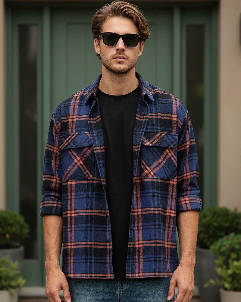 bewakoof Men's Blue & Orange Checked Oversized Shirt