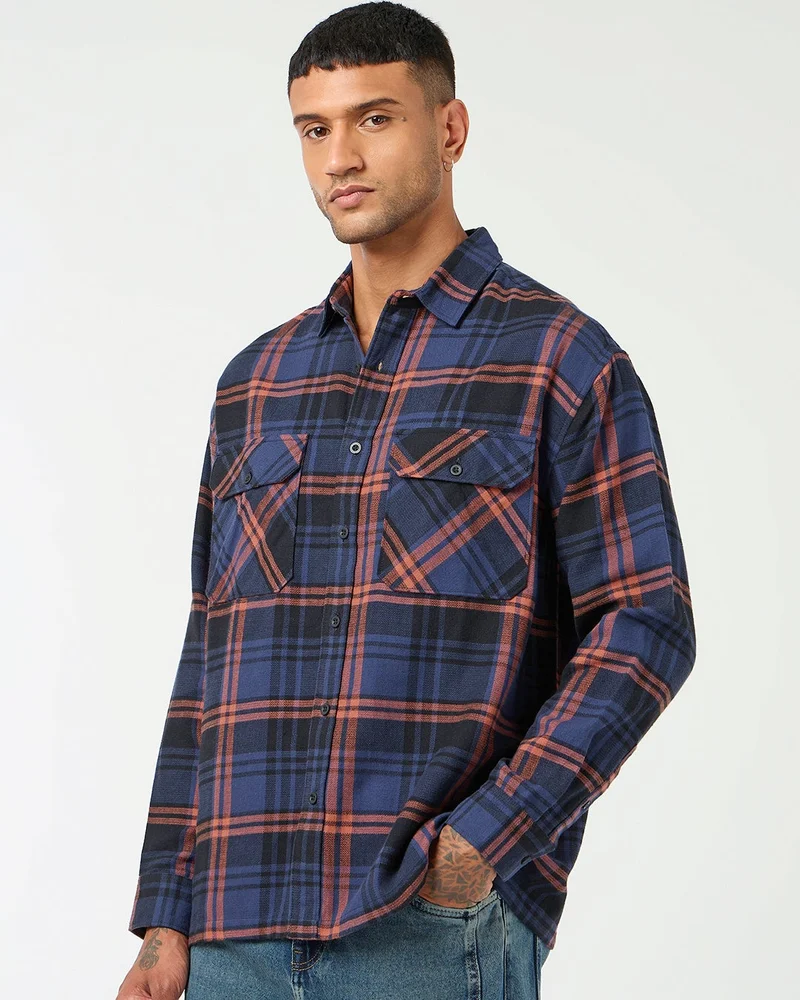 bewakoof Men's Blue & Orange Checked Oversized Shirt