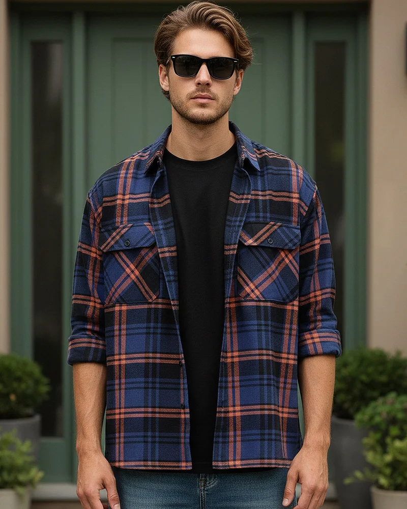 bewakoof Men's Blue & Orange Checked Oversized Shirt