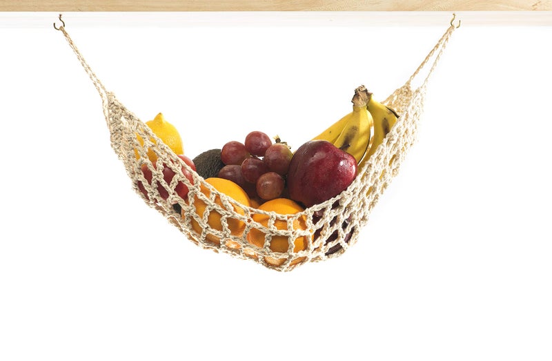 Nomnu Hanging Fruit Hammock Under Cabinet - 1 Macrame Fruit Hammock with 2PCS Hooks - Handwoven Cotton Basket Storage for Produce, Banana - Boho Kitchen Decor for More Counter Space at Home Boat Camper RV - Image 1