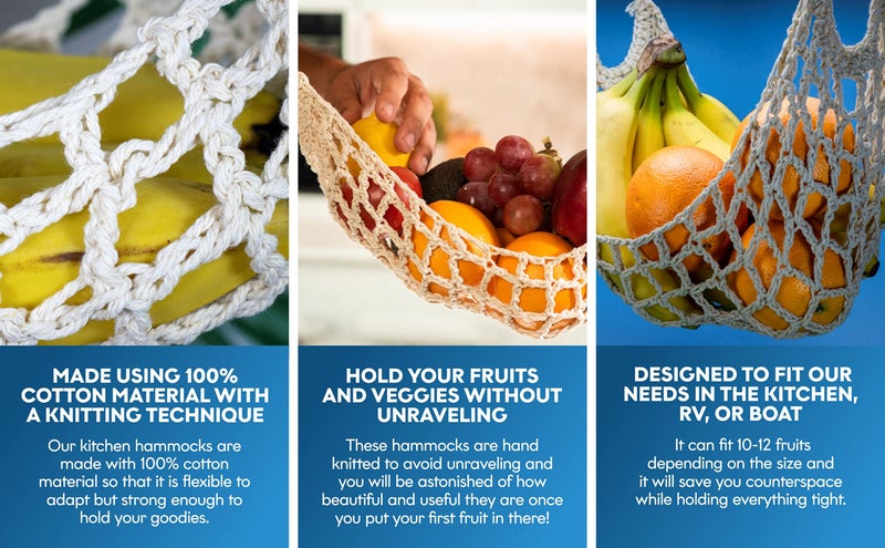 Nomnu Hanging Fruit Hammock Under Cabinet - 1 Macrame Fruit Hammock with 2PCS Hooks - Handwoven Cotton Basket Storage for Produce, Banana - Boho Kitchen Decor for More Counter Space at Home Boat Camper RV - Image 3
