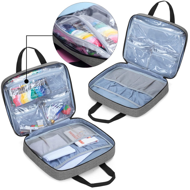 LoDrid Embroidery Project Bag, Square Embroidery Supplies Storage Tote Bag, Portable Craft Carry Case for Embroidery Kits and Cross Stitch Kits Tools, Multiple Pockets, Gray, Bag Only - Image 2