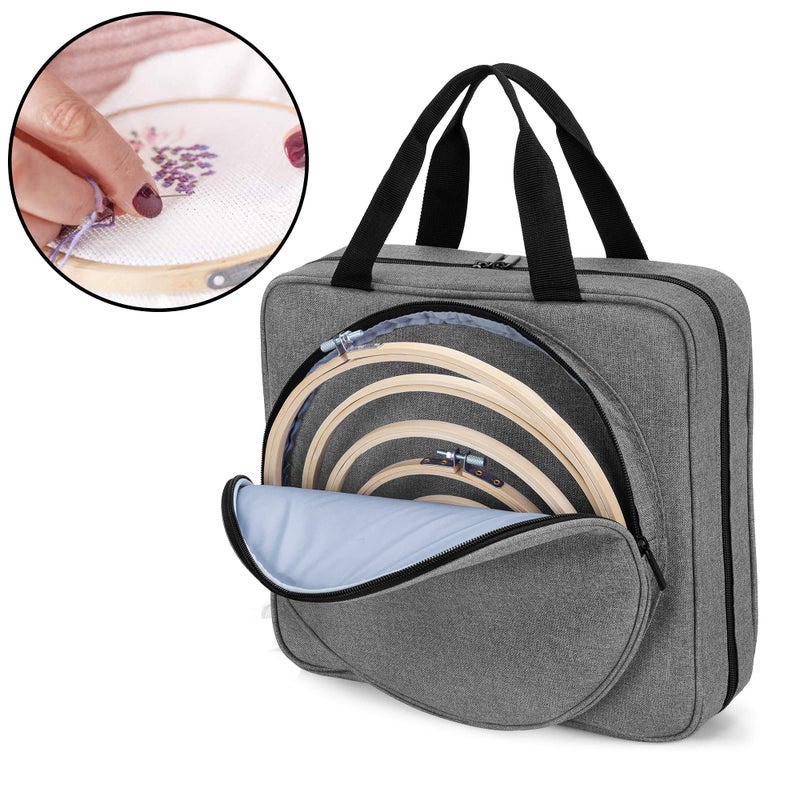 LoDrid Embroidery Project Bag, Square Embroidery Supplies Storage Tote Bag, Portable Craft Carry Case for Embroidery Kits and Cross Stitch Kits Tools, Multiple Pockets, Gray, Bag Only - Image 3