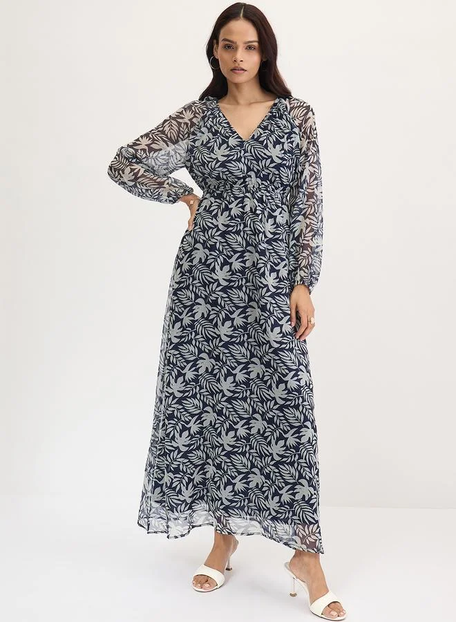 Femmella Navy All Over Leaf Print Maxi Dress