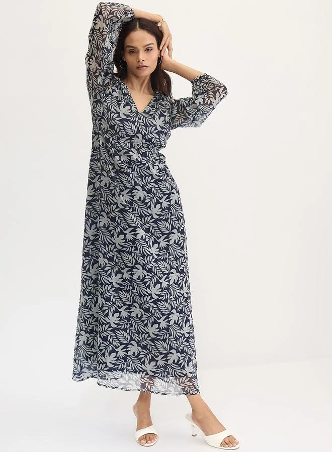 Femmella navy blue with light blue print Femmella Navy All Over Leaf Print Maxi Dress for Women | Best Price UAE