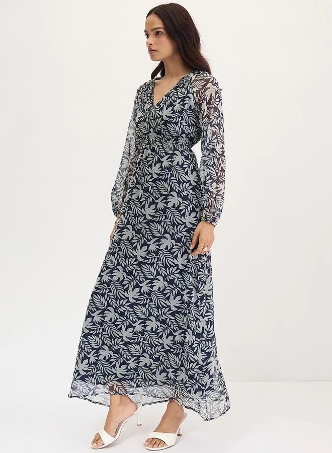 Femmella navy blue with light blue print Femmella Navy All Over Leaf Print Maxi Dress for Women | Best Price UAE