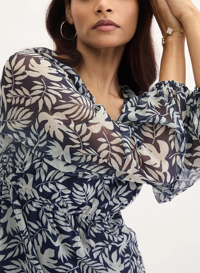Femmella navy blue with light blue print Femmella Navy All Over Leaf Print Maxi Dress for Women | Best Price UAE