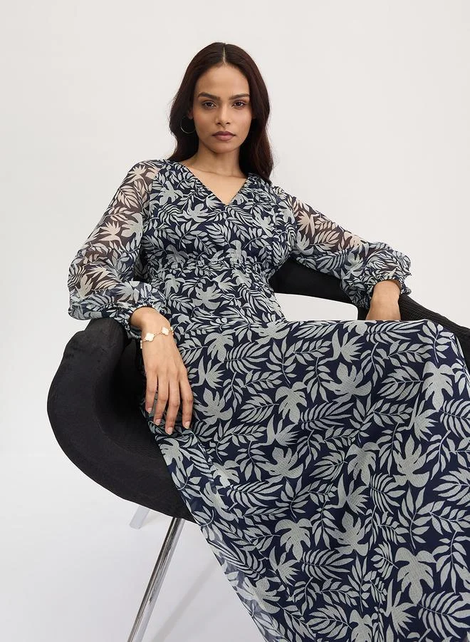 Femmella navy blue with light blue print Femmella Navy All Over Leaf Print Maxi Dress for Women | Best Price UAE