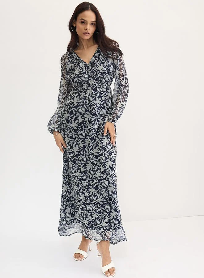 Femmella navy blue with light blue print Femmella Navy All Over Leaf Print Maxi Dress for Women | Best Price UAE