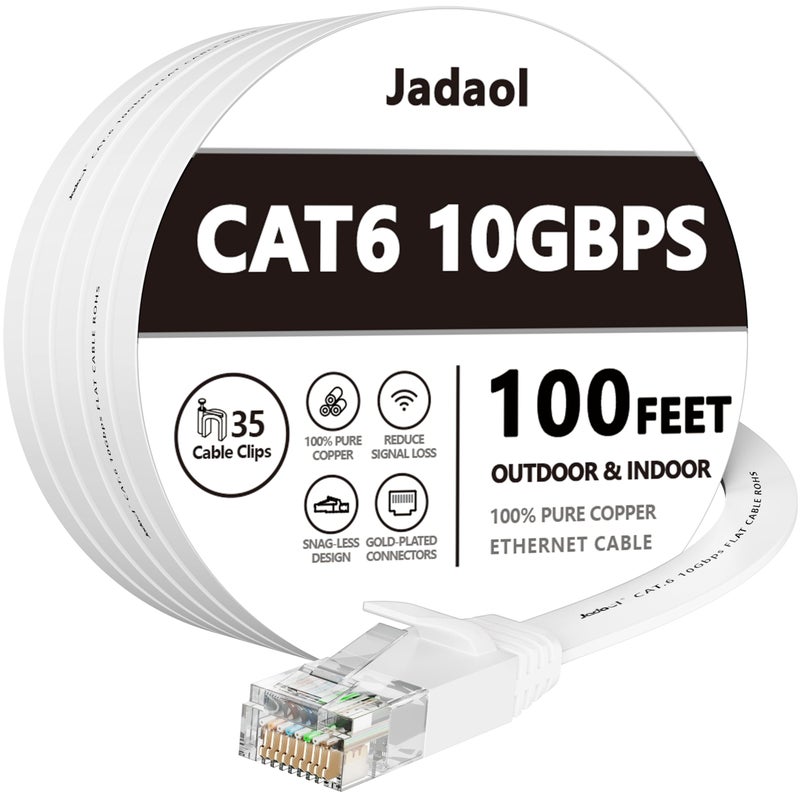 Jadaol Cat 6 Ethernet Cable 100 ft Outdoor Indoor 10Gbps Support Cat8 Cat7 Network Flat RJ45 Internet LAN Computer Patch Cable for Router Modem Switch Gaming Consoles Streaming Devices White