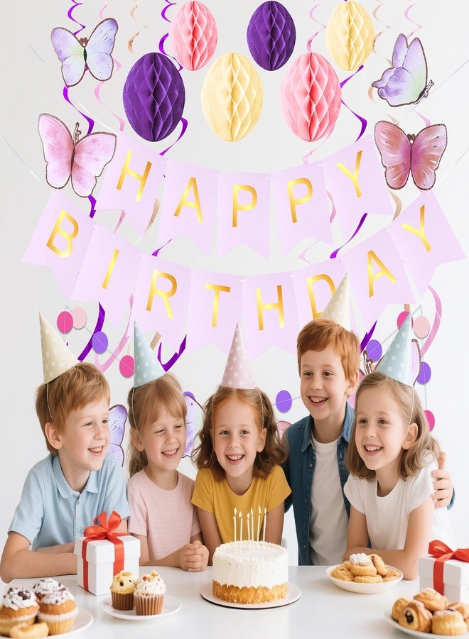 KAWKALSH Birthday Decorations, Happy Birthday Banner with Honeycomb Balls, Butterfly Hanging Swirl Streamers, Circle Dots Garland, Happy Birthday Party Decorations for Women Girls - Image 4