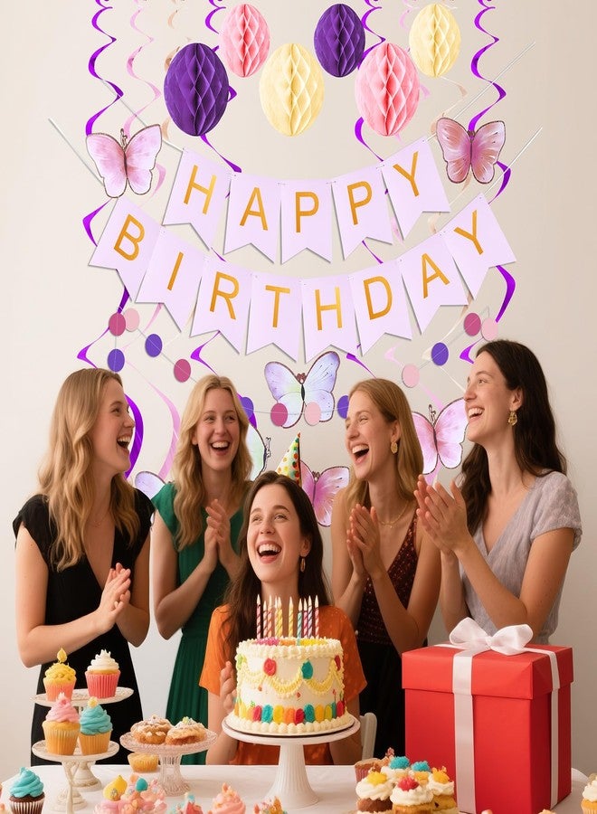 KAWKALSH Birthday Decorations, Happy Birthday Banner with Honeycomb Balls, Butterfly Hanging Swirl Streamers, Circle Dots Garland, Happy Birthday Party Decorations for Women Girls - Image 5