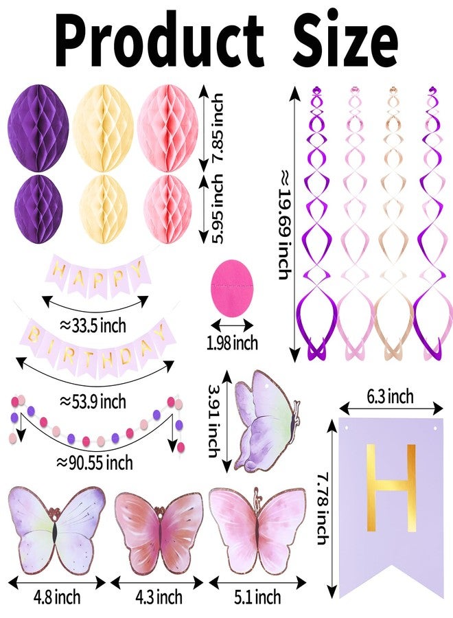 KAWKALSH Birthday Decorations, Happy Birthday Banner with Honeycomb Balls, Butterfly Hanging Swirl Streamers, Circle Dots Garland, Happy Birthday Party Decorations for Women Girls - Image 2