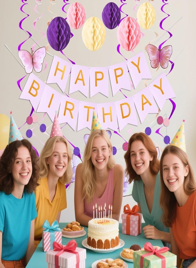 KAWKALSH Birthday Decorations, Happy Birthday Banner with Honeycomb Balls, Butterfly Hanging Swirl Streamers, Circle Dots Garland, Happy Birthday Party Decorations for Women Girls - Image 3