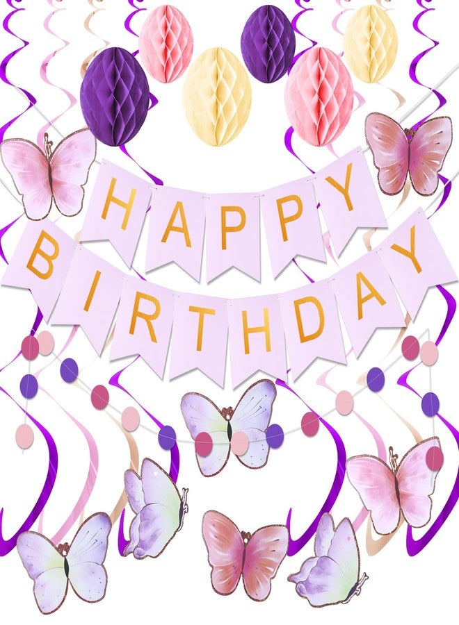 KAWKALSH Birthday Decorations, Happy Birthday Banner with Honeycomb Balls, Butterfly Hanging Swirl Streamers, Circle Dots Garland, Happy Birthday Party Decorations for Women Girls - Image 1