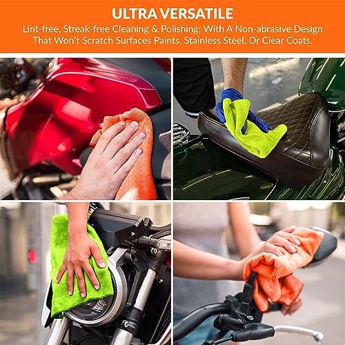 Tukzer Multi-Purpose Microfiber Cloths, Gizga Ultra-Soft Absorbent Lint & Streak-Free Cloth for Bike Car Dashboard Automobile Cleaning Polishing Washing Detailing (Orange-Green| 2 Pcs 25 X 25 cms) - Image 5