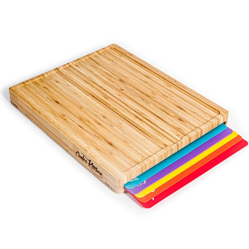 Cutting Boards for Kitchen  Bamboo Cutting Board Set with 6 ColorCoded Flexible Chopping Mats Easy Clean Wood and DishwasherSafe Plastic Large 1712 KnifeFriendly by Cooler Kitchen