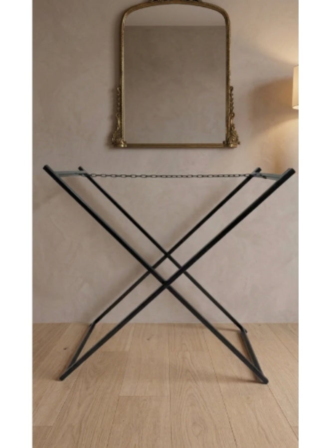 Black iron serving table with a black wooden tray — 90×90×35 cm - Image 3