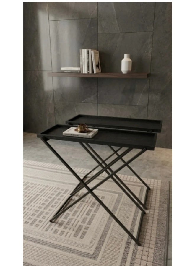 Black iron serving table with a black wooden tray — 90×90×35 cm - Image 2