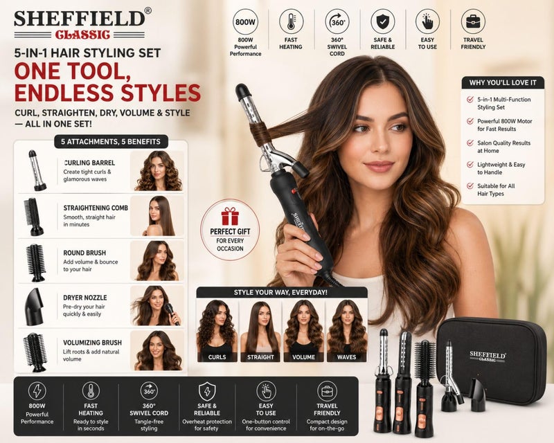 Sheffield Classic 5‑in‑1 Hair Styling Set | 800W Curler, Straightener & Blow Dryer with Round Comb & Nozzle | Multi‑Function Hair Styler for Home & Salon Use | Ideal Gift for Women – Black - Image 2