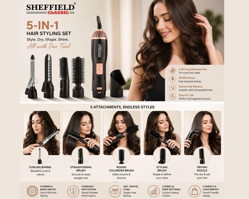Sheffield Classic 5‑in‑1 Hair Styling Set | 800W Curler, Straightener & Blow Dryer with Round Comb & Nozzle | Multi‑Function Hair Styler for Home & Salon Use | Ideal Gift for Women – Black - Image 4