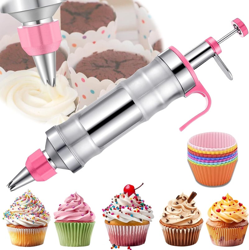 Hendiy Dessert Decorating Syringe Set, Frosting Piping Kit Stainless Steels Cake Decorating Kit with 6 Piping Tips & 9 silicone cupcakes, Cupcake Decorating Kit Piping Bags and Tips Set - Image 1