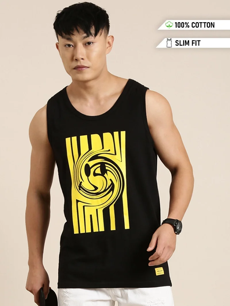 Joven Black Cotton Slim Fit Vest for Men