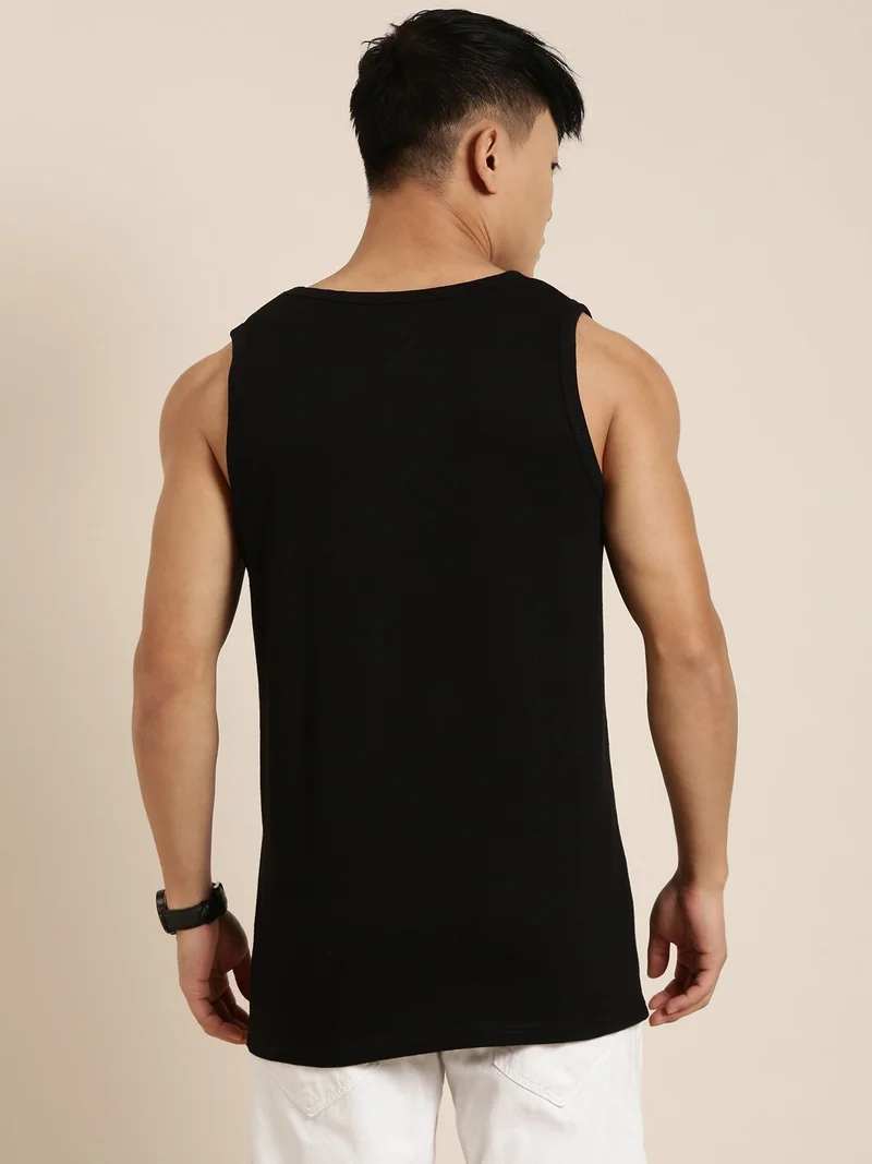 Joven Black Cotton Slim Fit Vest for Men