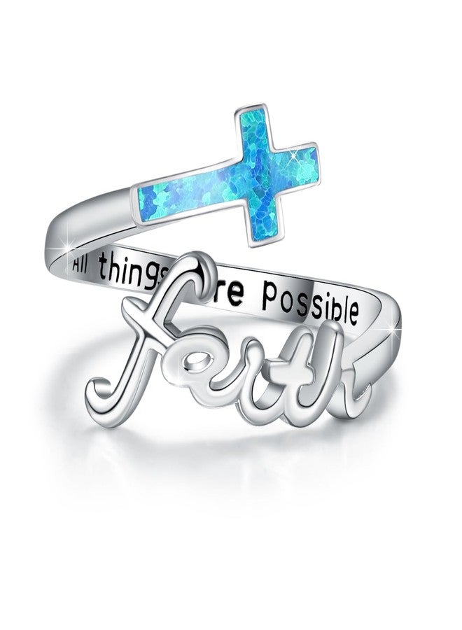 Cuoka Opal Faith Cross Ring, Sterling Silver Adjustable Religious Christian Inspiring Faith Rings for Women(Blue Opal Faith Cross Ring) - Image 1