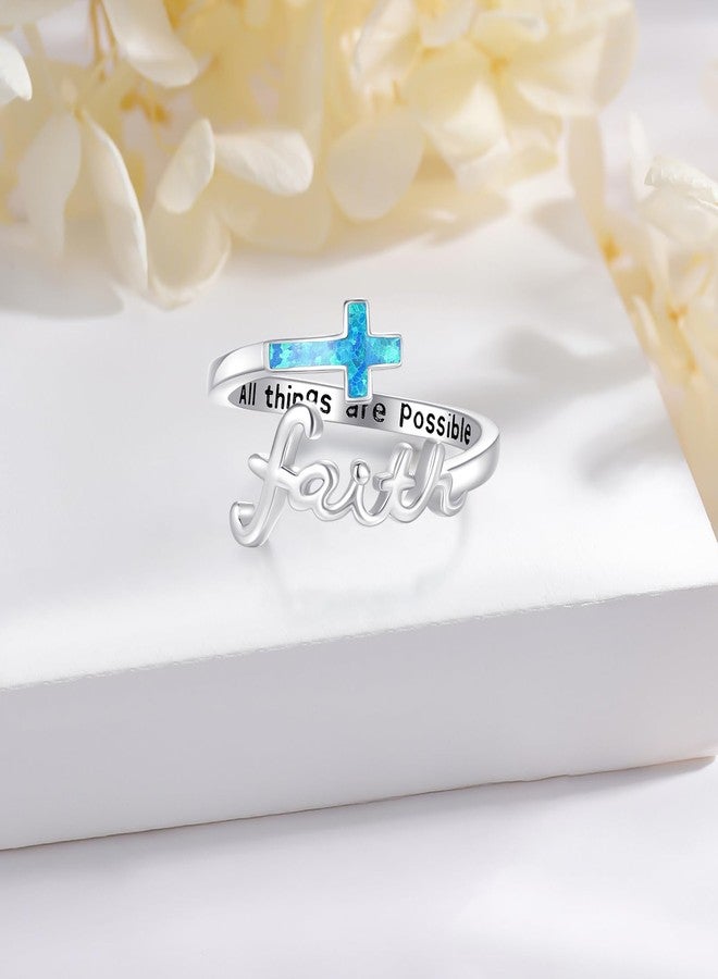 Cuoka Opal Faith Cross Ring, Sterling Silver Adjustable Religious Christian Inspiring Faith Rings for Women(Blue Opal Faith Cross Ring) - Image 3