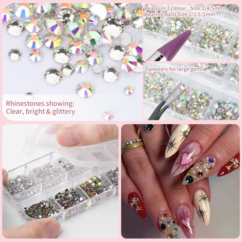 EARLMONI 5200PCS Nail Gems and Charms, AB Crystal Nail Rhinestones with Flatback Nail Pearls, Pick Up Tweezers, Rhinestone Picker Tool, Flat Back Nail Gems for Nail Art, Clothes, Face, Craft - Image 3