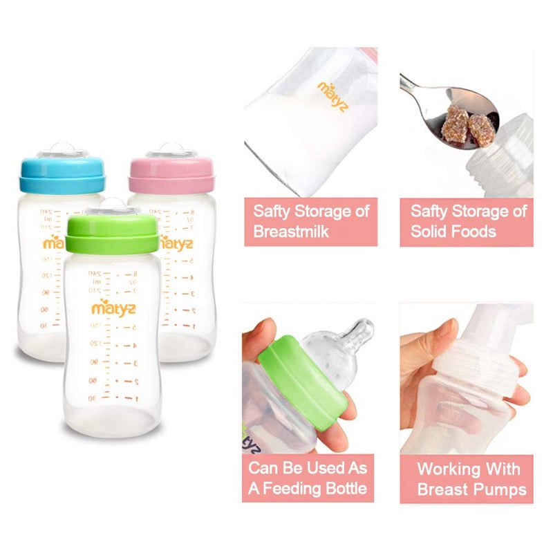 Matyz 6Pack Breast Milk Storage Bottles 8 Ounce 3 Colors  Wide Neck Breastmilk Collection and Storage Bottle  Formula Storage Bottles Compatible with Medela Avent Spectra Pumps - Image 4