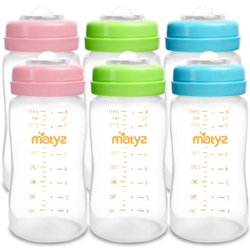 Matyz 6Pack Breast Milk Storage Bottles 8 Ounce 3 Colors  Wide Neck Breastmilk Collection and Storage Bottle  Formula Storage Bottles Compatible with Medela Avent Spectra Pumps - Image 1