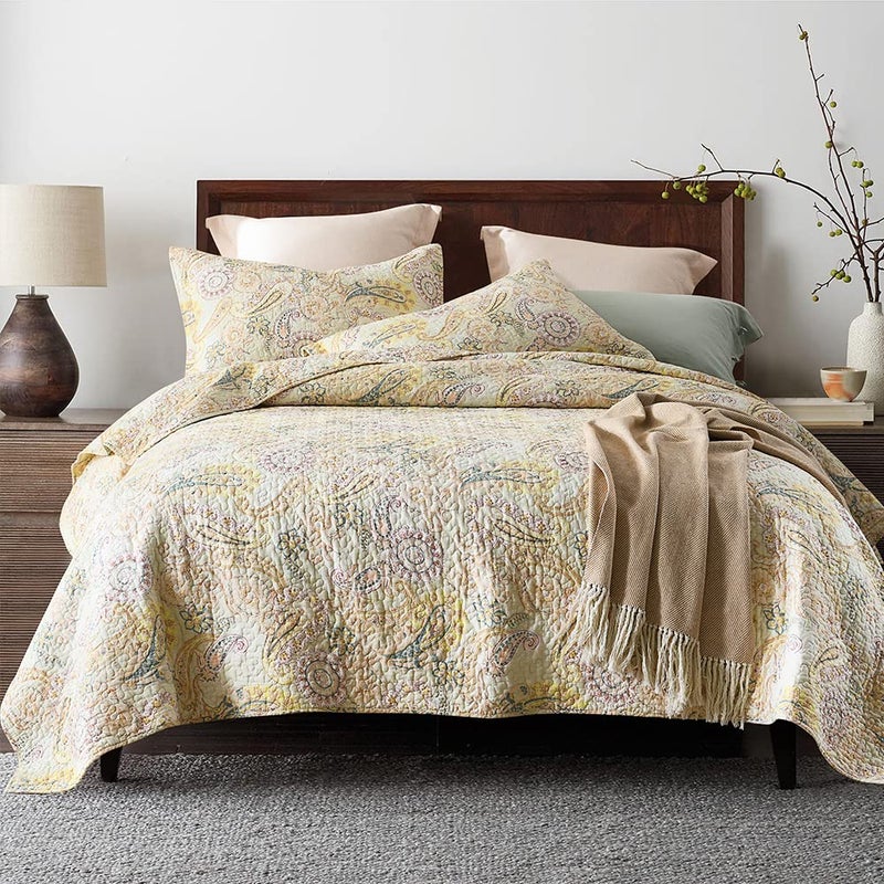 ENASAL Cotton Bedspread Quilt Sets, Reversible Bedding Coverlet Sets Comforter, Floral Paisley Bedspread (Yellow, Queen Size) - Image 1