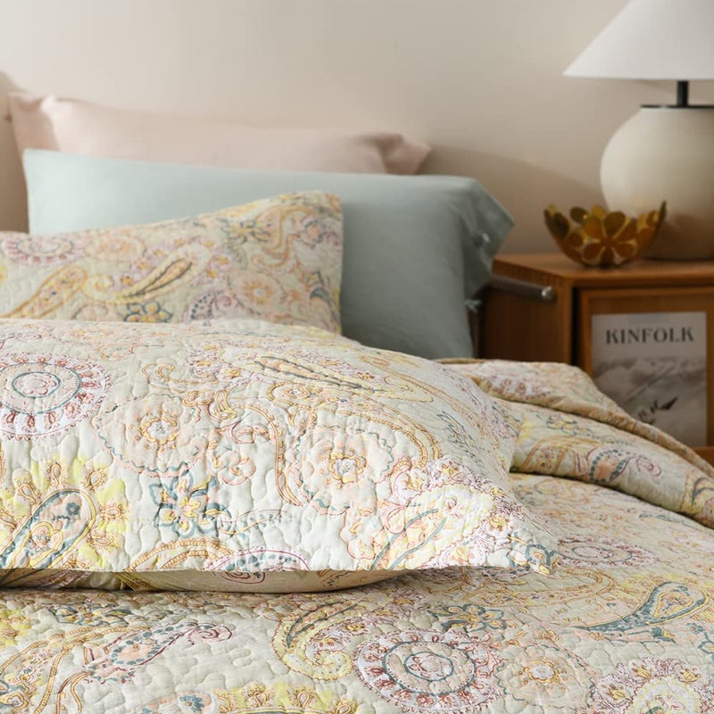 ENASAL Cotton Bedspread Quilt Sets, Reversible Bedding Coverlet Sets Comforter, Floral Paisley Bedspread (Yellow, Queen Size) - Image 4