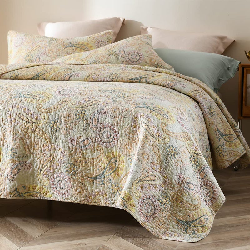 ENASAL Cotton Bedspread Quilt Sets, Reversible Bedding Coverlet Sets Comforter, Floral Paisley Bedspread (Yellow, Queen Size) - Image 2
