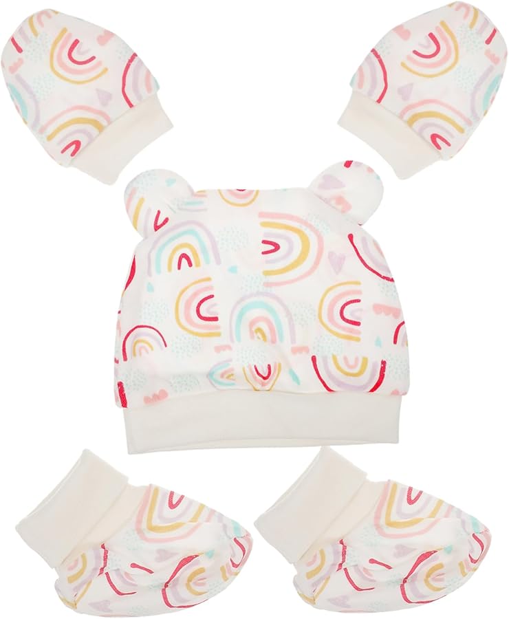 طقم شتوي لحديثي الولادة: قبعة قطنية وقفازات وأغطية أقدام مع واقي من الخدش - Image 2