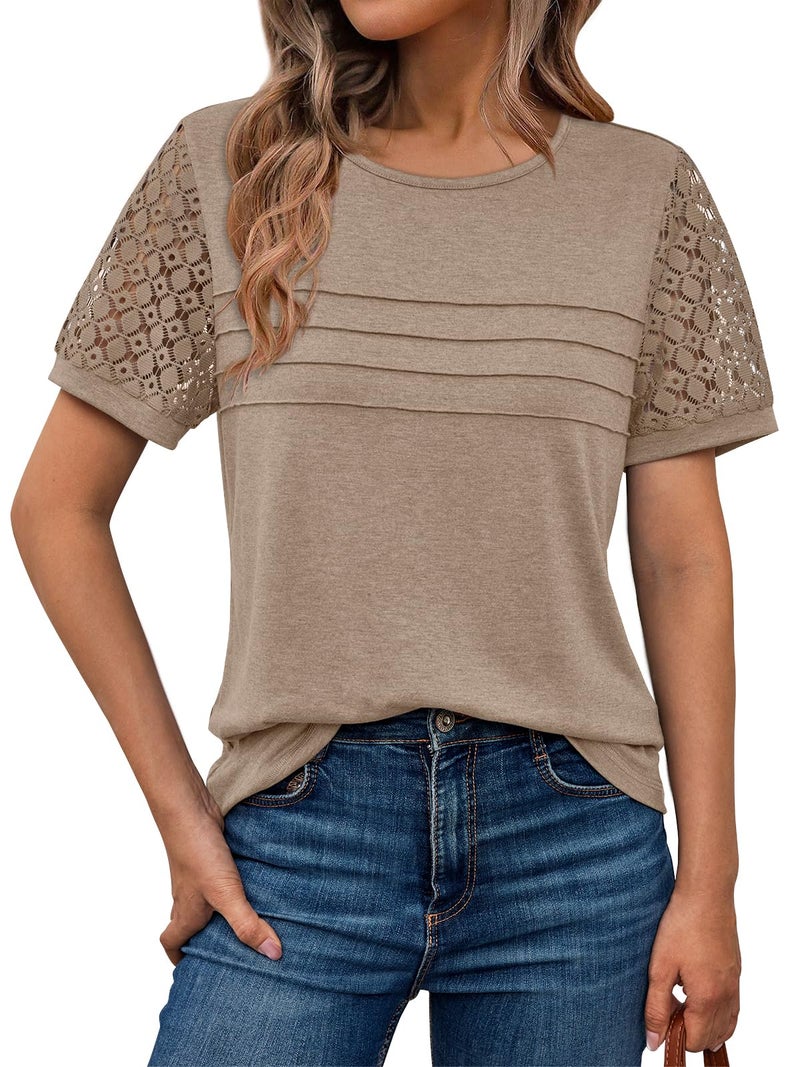 AUTOMET Short Sleeve Shirts for Women Summer Tops 2026 Spring Fashion Dressy Casual Outfits Lace Trendy Top Cute Work T Shirt Business Vacation Clothes Blouses Khaki XL - Image 1