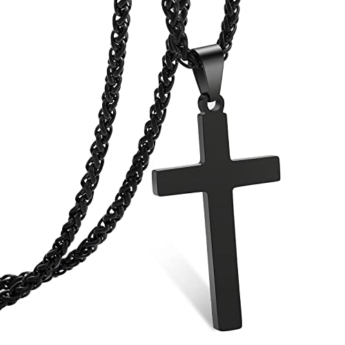 RS Black Cross Necklace for Men Boys Stainless Steel Pendant Chain Religious Christian Baptism Catholic Confirmation Jewelry Gifts Teen Teenage Son Him - Image 1