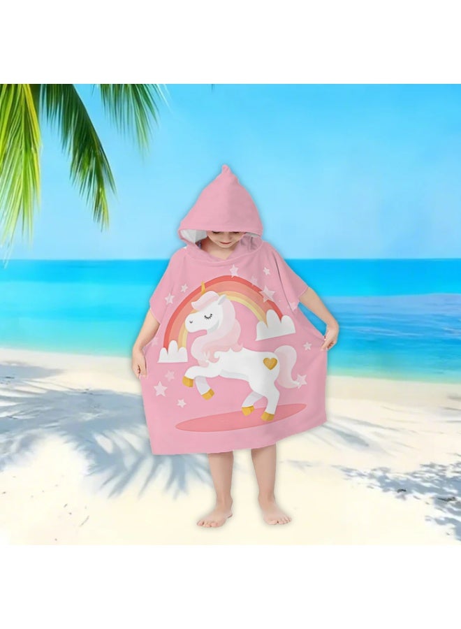 Kids Unicorn Rainbow Hooded Poncho Towel - Quick-Dry & Absorbent Beach Bath Robe, Pink - Image 4
