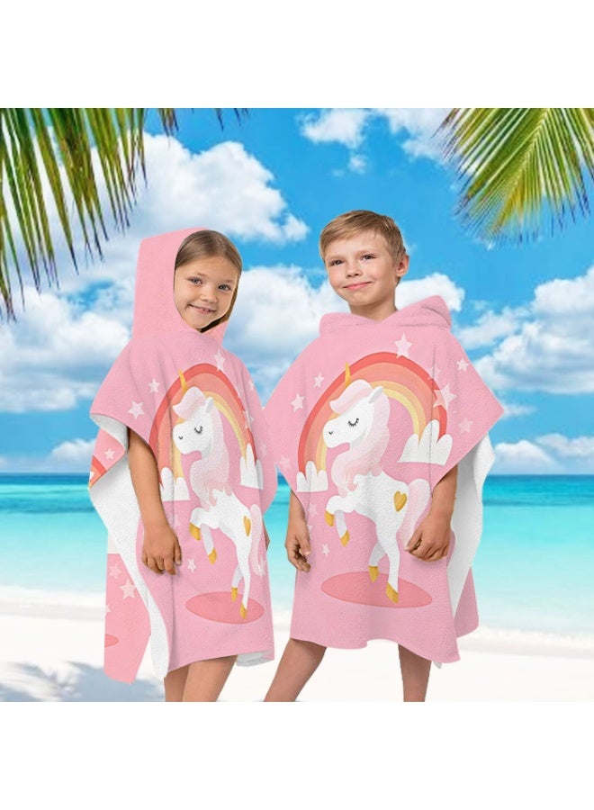 Kids Unicorn Rainbow Hooded Poncho Towel - Quick-Dry & Absorbent Beach Bath Robe, Pink - Image 2