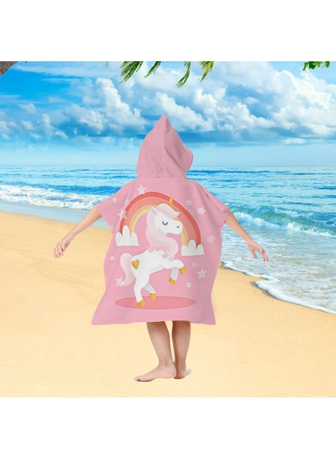 Kids Unicorn Rainbow Hooded Poncho Towel - Quick-Dry & Absorbent Beach Bath Robe, Pink - Image 5