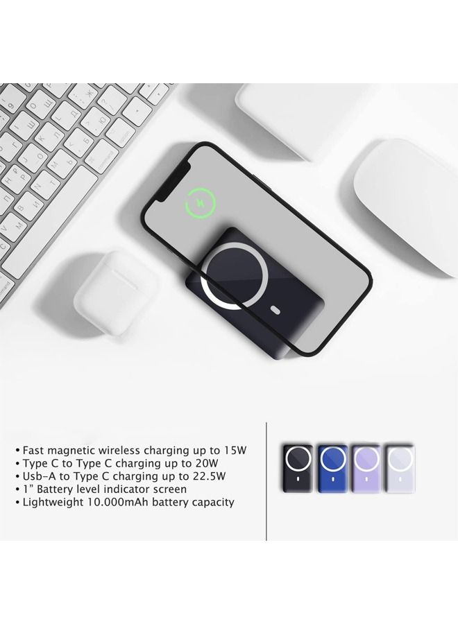 Magnetic Battery Wireless Power Bank Fast Charging 10000mAh Laptop Portable Travel Airplane Phone Mini MagSafe 15W Cable PD22.5W USB-C Charger APds iPhone 15 Pro/15/14/13 Samsung S23U
