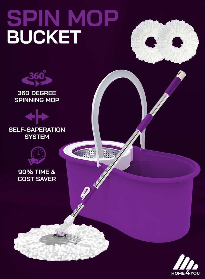 HOME 4 YOU Spin Mop For Floor Cleaning Stainless Steel Mop and Bucket With Telescopic Handle Hands Free Wringing Floor Mop With 6L Large Capacity and Reusable Refills For Home Office Purple - Image 1