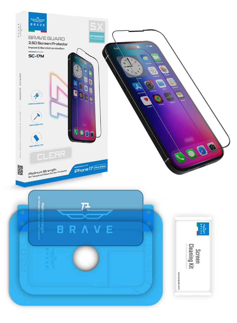 Brave iPhone 17 Pro Max HD Tempered Glass Screen Protector - Edge-to-Edge Full Coverage for Complete Protection, HD Clear Display, 9H Hardness Scratch Resistant, Anti-Fingerprint & Smudge-Free, Smooth Touch, Face ID Compatible, Bubble-Free Installation with Tray, Slim, Durable & Case Friendly Design (Clear) - Image 1