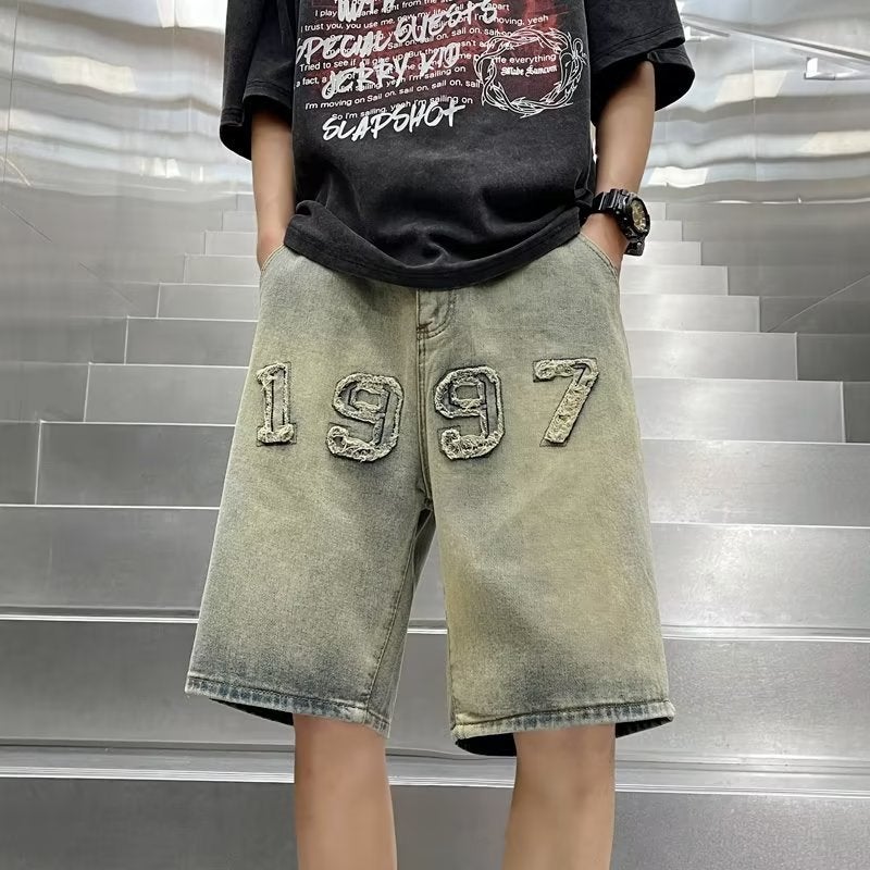 American Style Retro Fashion Washed Old Denim Shorts Mens Summer Straight Trendy Brand Loose Denim Shorts yellow mud color 