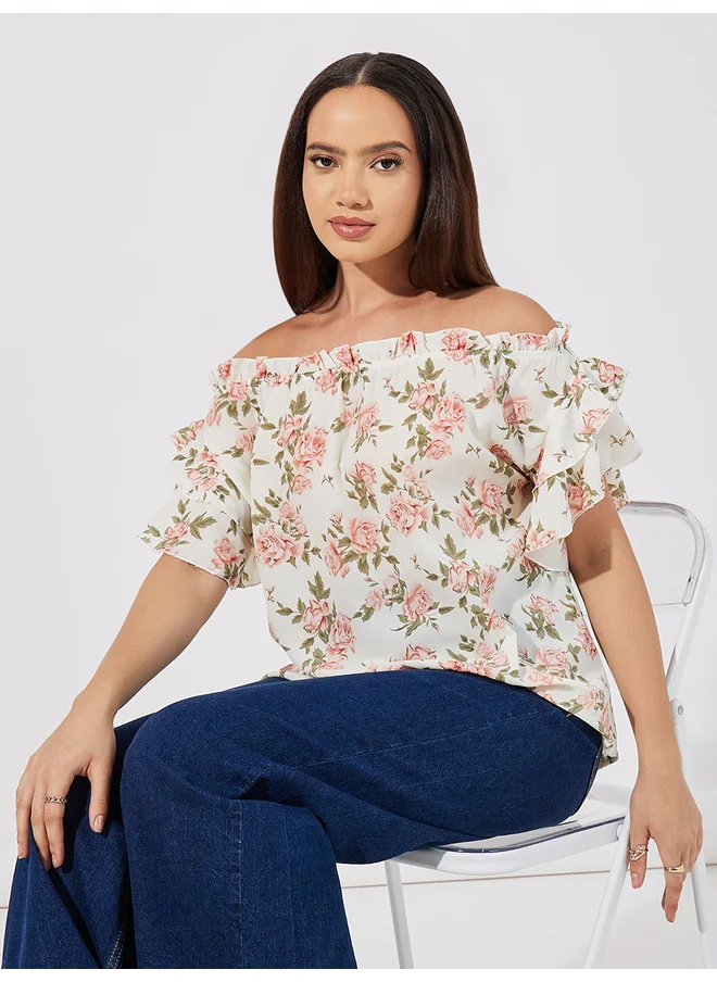 Aria Romance ARIA ROMANCE Floral Print Off Shoulder Neck Top