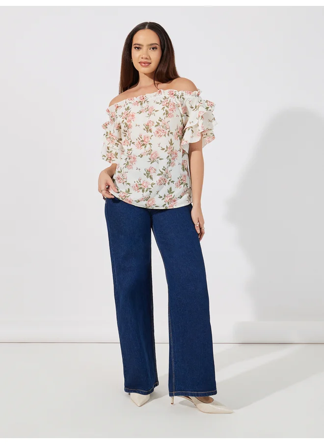 Aria Romance ARIA ROMANCE Floral Print Off Shoulder Neck Top