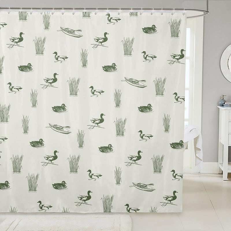 Homewish Wild Duck Shower Curtain Lake House Hunting Theme Bathroom Curtain,Green Rustic Animals Plants Print Waterproof Curtain Kids Teens Men Room Decor Lake Boat Fishing Bath Curtain,12 Hooks,72" Wx72 L - Image 1